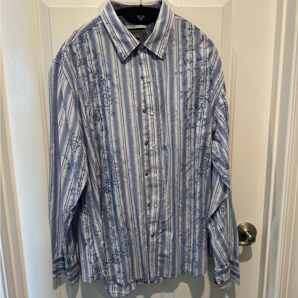 Mens Johnston & Murphy Slim Fit Blue and White Snap Shirt Size XL